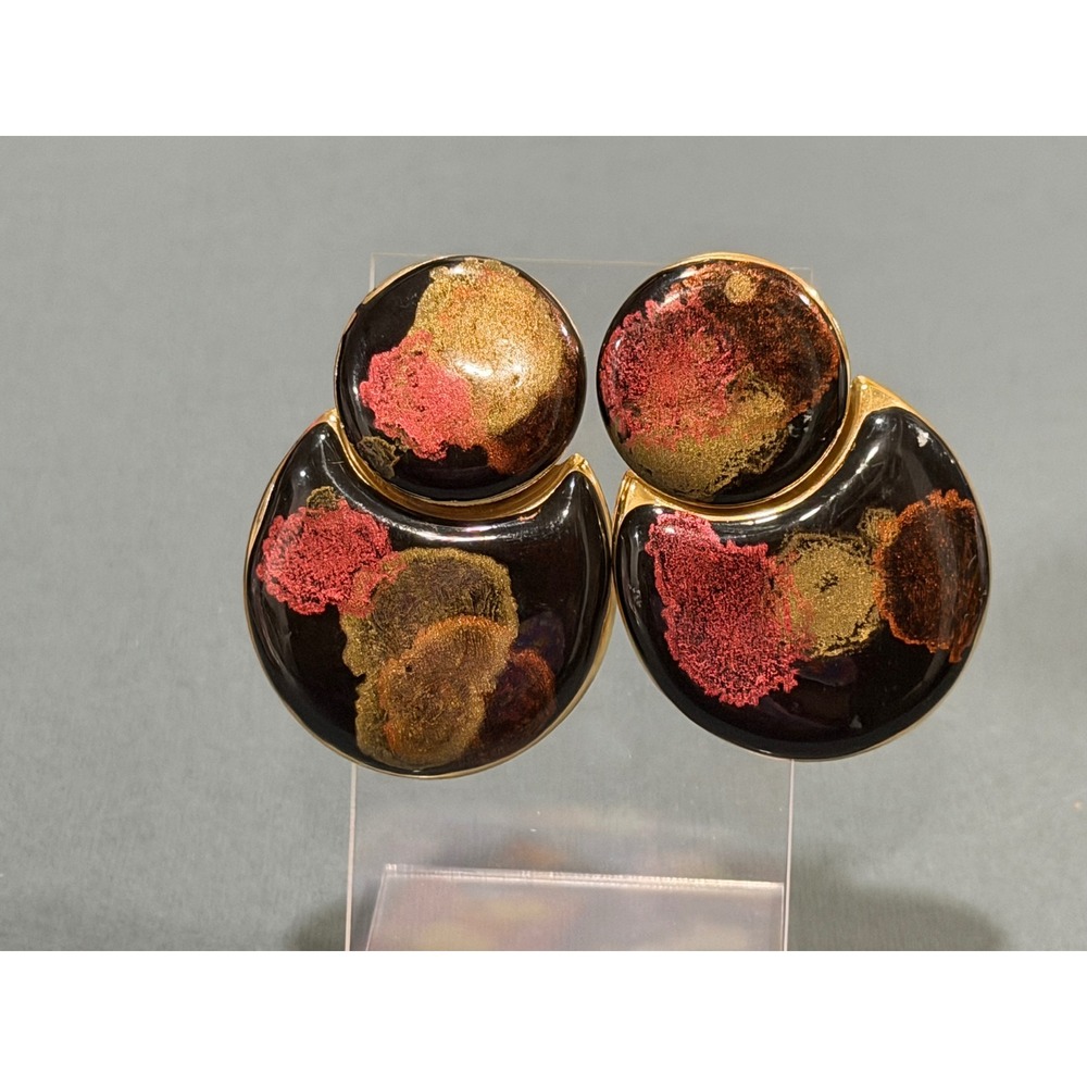 Vintage Enamel Articulated Drop Earrings Black Multi Color Gold Tone 80s Retro